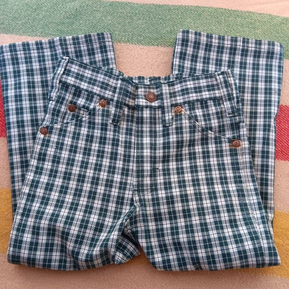 Vintage Boys 5 21x16 Jeans 1970's Green Plaid JC Penney Flared Pants Authentic